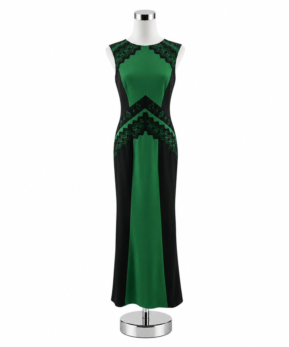 Tadashi Shoji Emerald Green & Black Lace Inset Colorblock Gown Size 6 NWT